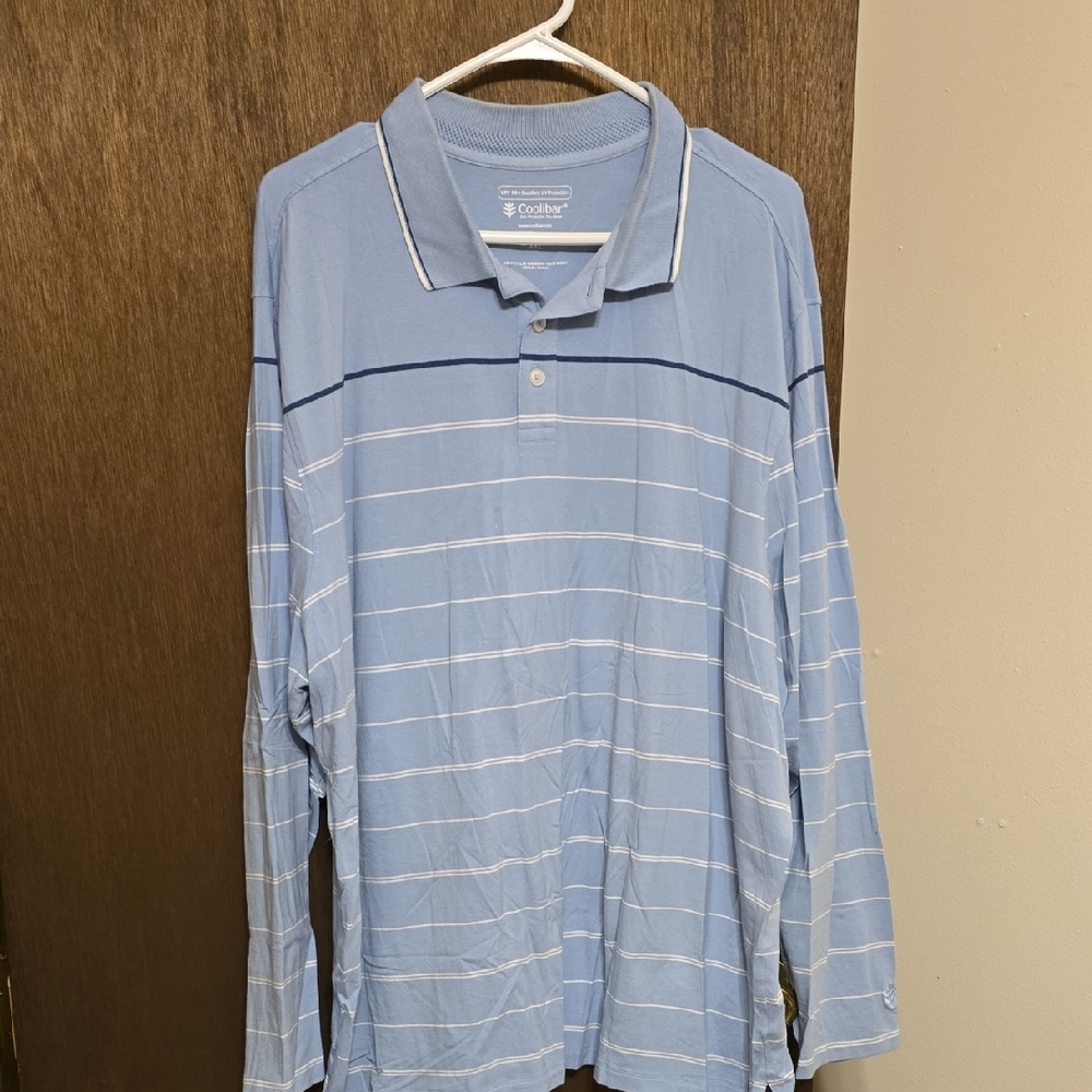 coolibar Men's Light Blue Polo with White Stripes